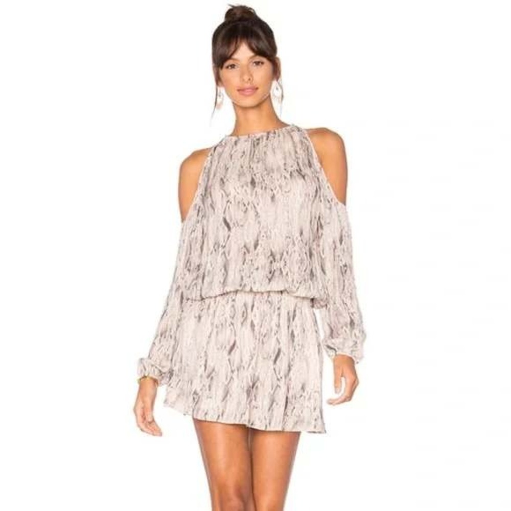 Ramy Brook Lauren Silk Snakeskin Cold Shoulder Smocked Mini Dress Medium